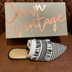 Crown Vintage Black and White Fringe Mules